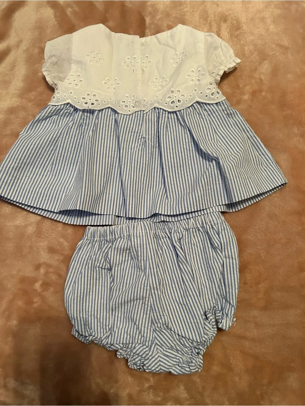 Janie and Jack Blue & White Eyelet Top with Striped Bloomers